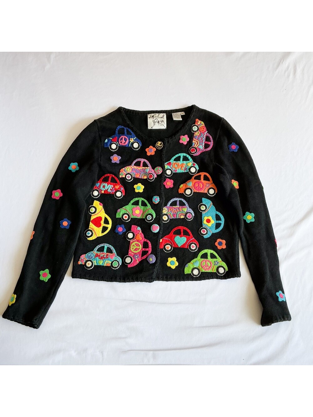 Michael Simon Vintage Black Hippie Peace Car Flower Embroidered Art Sweater Sz S